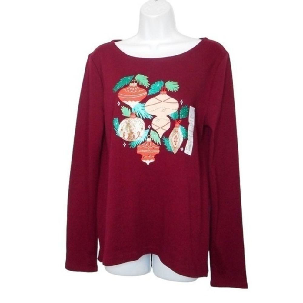 Croft Barrow Womens Top S Long Sleeve Christmas Ornament Embellished Graphic Tee